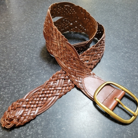Vintage Brown Braided Woven Bonded Leather Belt Brass Buckle Adjustable Size M/L - Picture 1 of 11